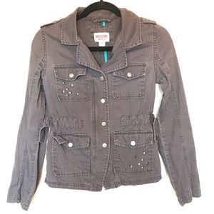 Studded charcoal gray denim jacket.